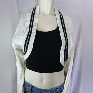 Cropped Cardigan‎ Sweater Bolero Shrug White Black Varsity Striped Knit